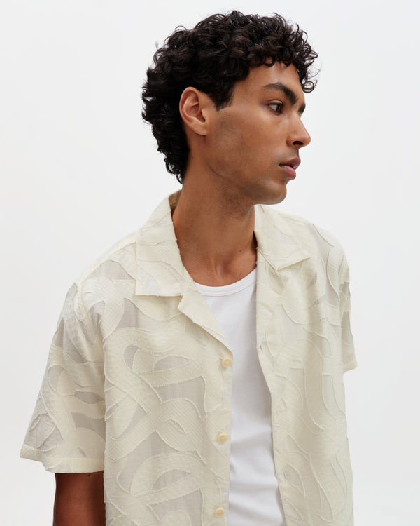 wax london men's Curzon - Ecru Jacquard Viscose Short-Sleeve Shirt