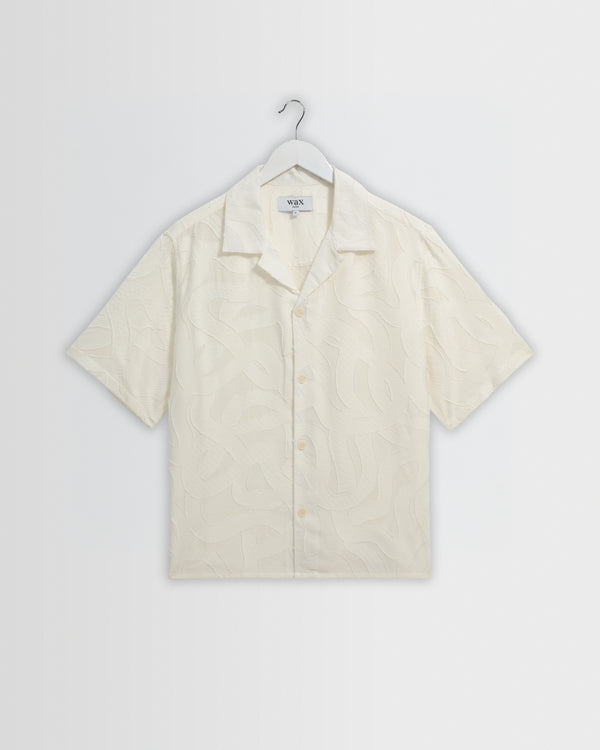 wax london men's Curzon - Ecru Jacquard Viscose Short-Sleeve Shirt