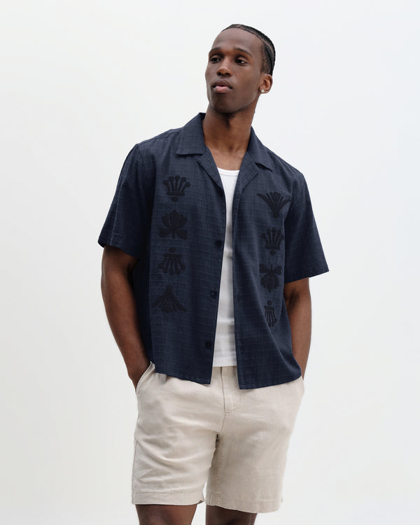wax london men's Curzon - Navy Grid Applique Short-Sleeve Shirt
