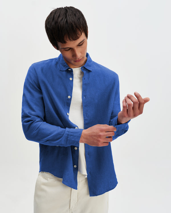 wax london men's Dartford - French Blue Washed Linen Shirt