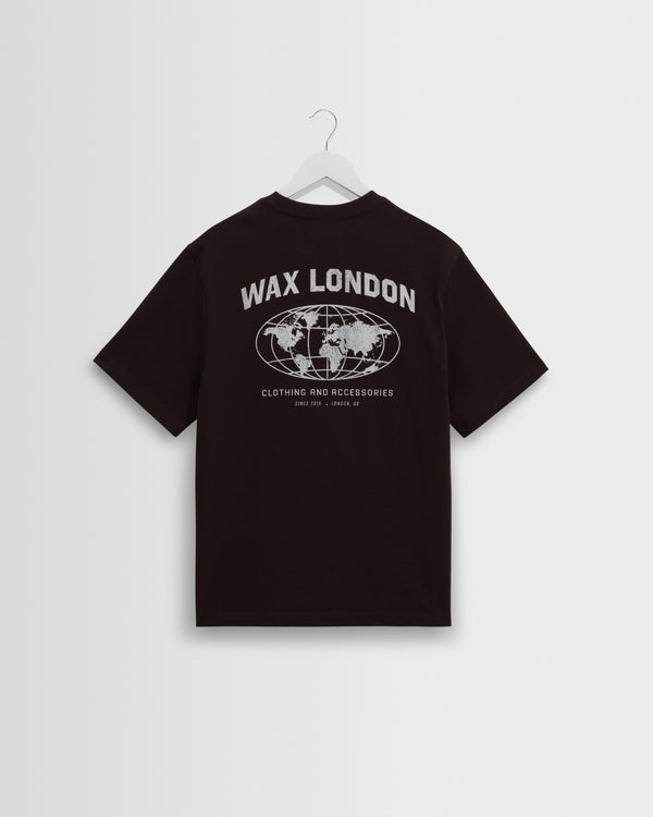wax london men's Dean - Brown And Off-White Globe Graphic Cotton T-Shirt