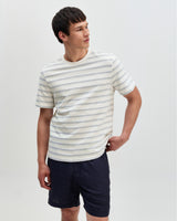 wax london men's Dean - Ecru And Blue Stitch Stripe Organic Cotton T-Shirt