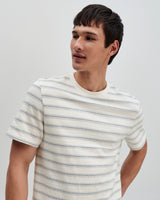 wax london men's Dean - Ecru And Blue Stitch Stripe Organic Cotton T-Shirt