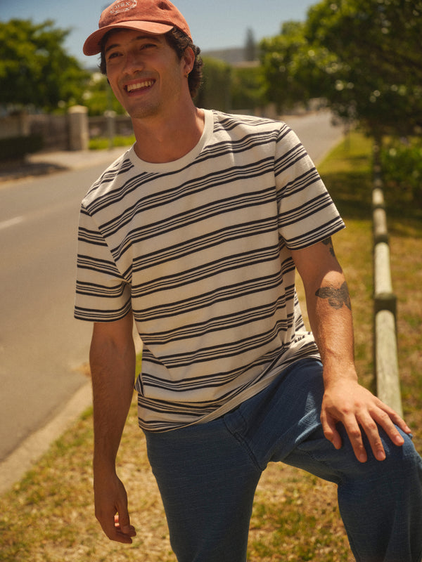 wax london men's Dean - Ecru And Navy Textured Stripe Organic Cotton T-Shirt