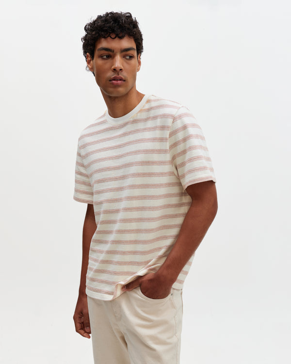 wax london men's Dean - Ecru And Rust Stitch Stripe Organic Cotton T-Shirt