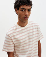 wax london men's Dean - Ecru And Rust Stitch Stripe Organic Cotton T-Shirt