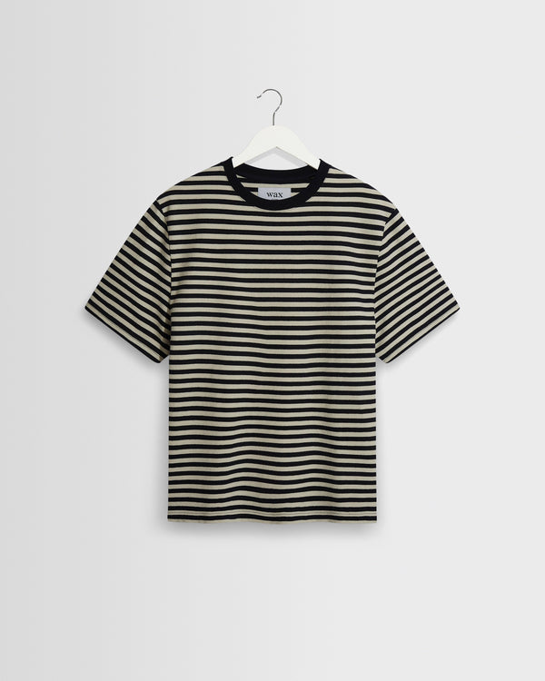 wax london men's Dean - Navy And Ecru Striped Textured Organic Cotton T-Shirt
