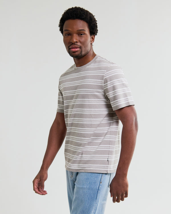 wax london men's Dean - Taupe And Ecru Textured Stripe Organic Cotton T-Shirt