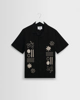 wax london men's Didcot - Black And Ecru Abstract Applique Short-Sleeve Shirt