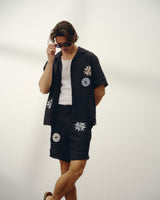 wax london men's Didcot - Black And Multicolour Round Applique Short-Sleeve Shirt
