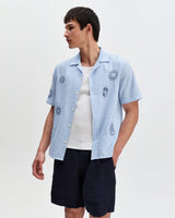 wax london men's Didcot - Blue And Ecru Doodle Seersucker Short-Sleeve Shirt
