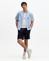 wax london men's Didcot - Blue And Ecru Doodle Seersucker Short-Sleeve Shirt