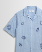 wax london men's Didcot - Blue And Ecru Doodle Seersucker Short-Sleeve Shirt