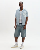 wax london men's Didcot - Blue And Ecru Floral Applique Short-Sleeve Shirt