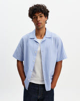 wax london men's Didcot - Blue And Ecru Seersucker Stripe Short-Sleeve Shirt