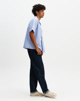 wax london men's Didcot - Blue And Ecru Seersucker Stripe Short-Sleeve Shirt