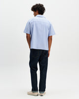 wax london men's Didcot - Blue And Ecru Seersucker Stripe Short-Sleeve Shirt