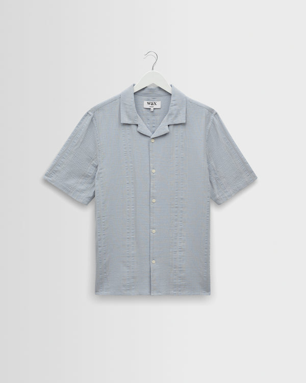 wax london men's Didcot - Blue Double-Weave Seersucker Short-Sleeve Shirt