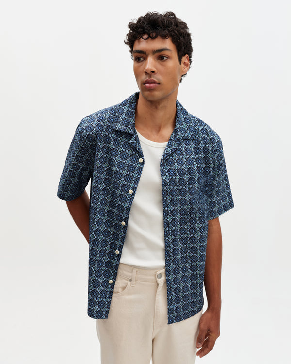 wax london men's Didcot - Blue Tile Print Short-Sleeve Shirt