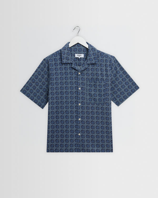 wax london men's Didcot - Blue Tile Print Short-Sleeve Shirt
