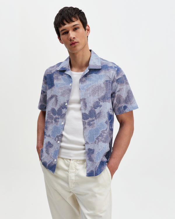 wax london men's Didcot - Blue Watercolour Print Short-Sleeve Shirt