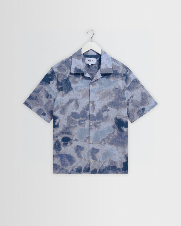 wax london men's Didcot - Blue Watercolour Print Short-Sleeve Shirt
