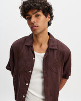 wax london men's Didcot - Brown Flower Embroidered Short-Sleeve Shirt