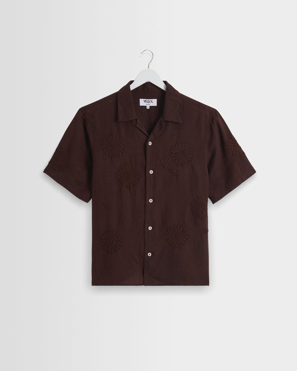 wax london men's Didcot - Brown Flower Embroidered Short-Sleeve Shirt
