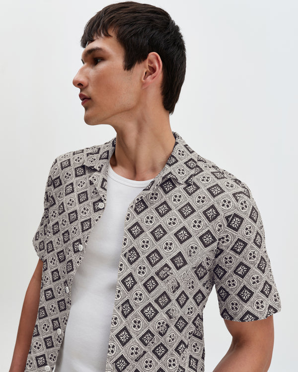 wax london men's Didcot - Ecru And Black Tile Print Short-Sleeve Shirt