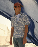 wax london men's Didcot - Ecru And Blue Geometric Embroidered Short-Sleeve Shirt