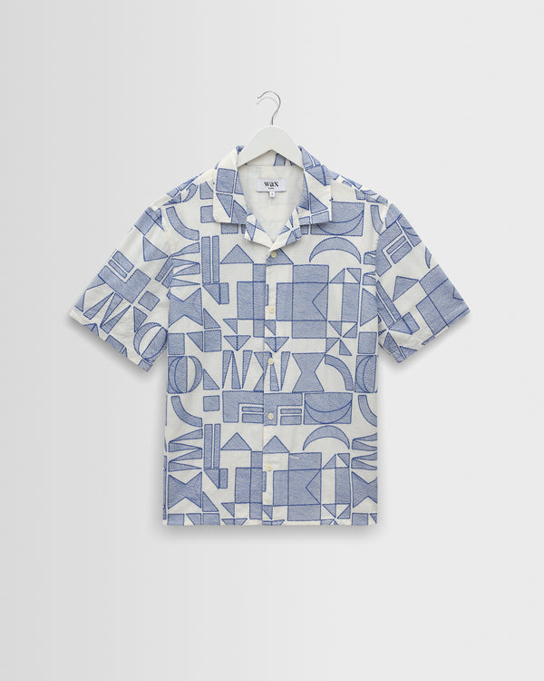 wax london men's Didcot - Ecru And Blue Geometric Embroidered Short-Sleeve Shirt