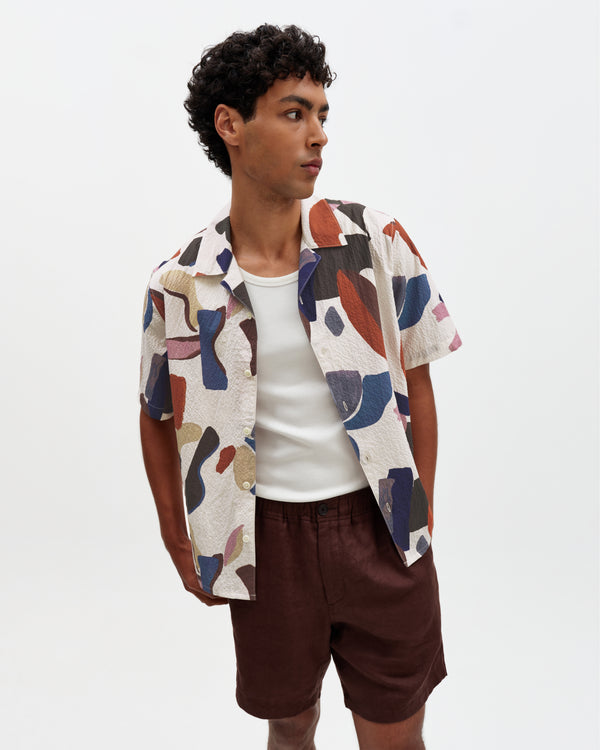 wax london men's Didcot - Ecru And Multicolour Abstract Shapes Short-Sleeve Shirt