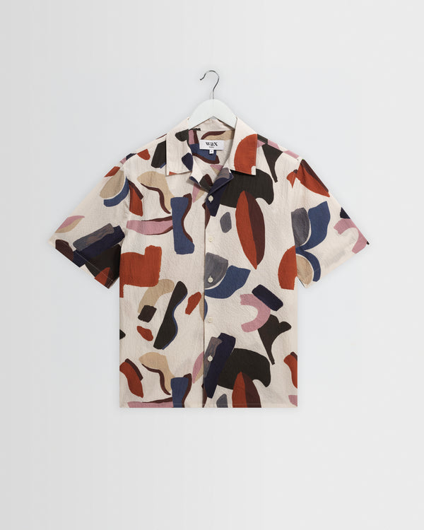 wax london men's Didcot - Ecru And Multicolour Abstract Shapes Short-Sleeve Shirt