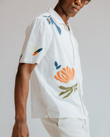 wax london men's Didcot - Ecru And Multicolour Flower Embroidered Short-Sleeve Shirt