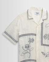 wax london men's Didcot - Ecru And Navy Grid Flower Short-Sleeve Shirt