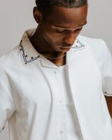 wax london men's Didcot - Ecru Cross-Stitch Border Short-Sleeve Shirt