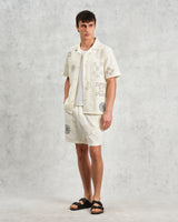 wax london men's Didcot - Ecru Doodle Embroidered Short-Sleeve Shirt