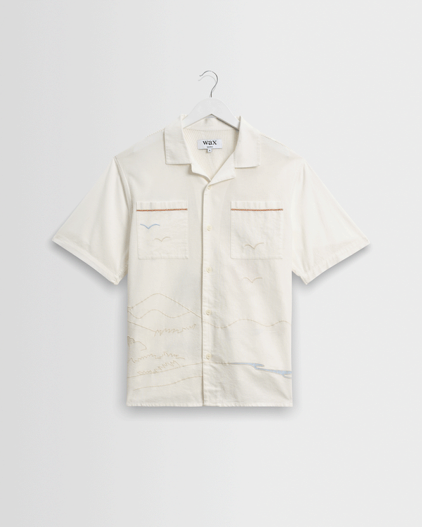 wax london men's Didcot - Ecru Summer Applique Short-Sleeve Shirt
