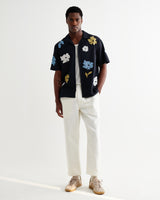 wax london men's Didcot - Navy And Multicolour Floral Applique Short-Sleeve Shirt