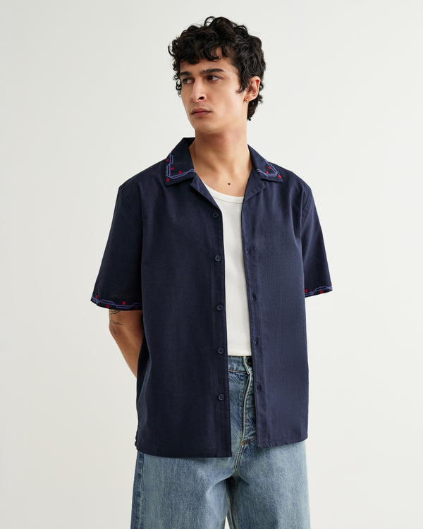 wax london men's Didcot - Navy Cross-Stitch Border Short-Sleeve Shirt