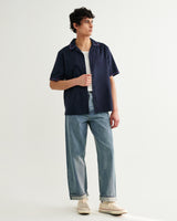 wax london men's Didcot - Navy Cross-Stitch Border Short-Sleeve Shirt