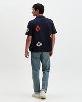 wax london men's Didcot - Navy Floral Applique Short-Sleeve Shirt