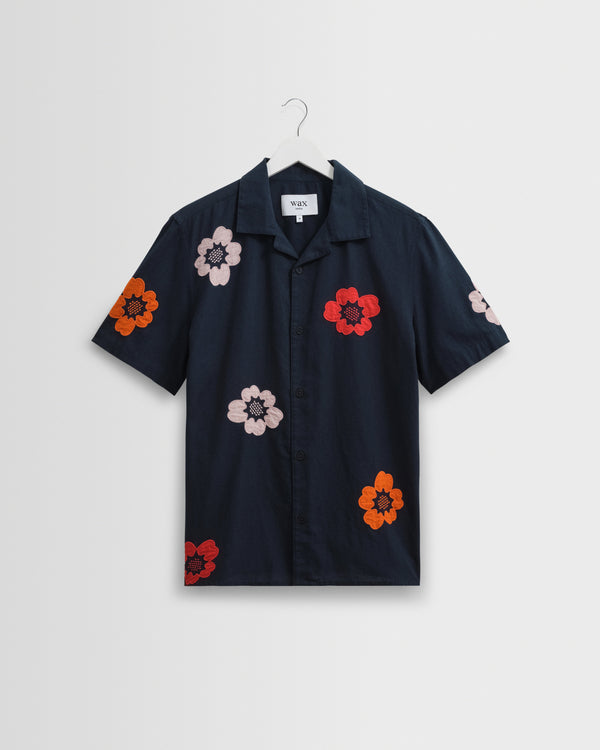 wax london men's Didcot - Navy Floral Applique Short-Sleeve Shirt