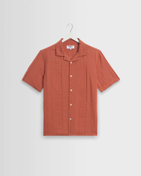 wax london men's Didcot - Rust Double-Weave Seersucker Short-Sleeve Shirt