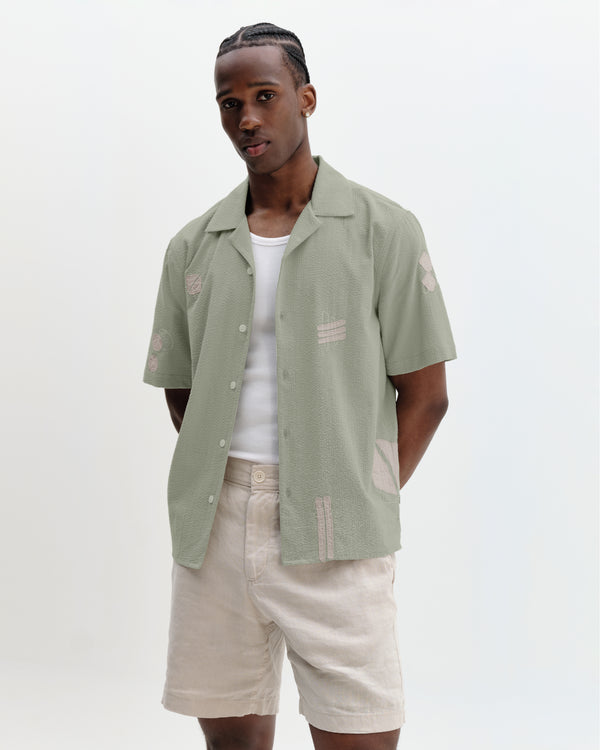 wax london men's Didcot - Sage And Ecru Scribble Applique Short-Sleeve Shirt