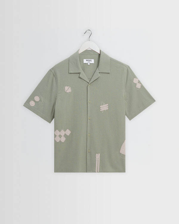 wax london men's Didcot - Sage And Ecru Scribble Applique Short-Sleeve Shirt