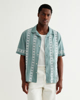 wax london men's Didcot - Sea Green And Ecru Embroidered Short-Sleeve Shirt
