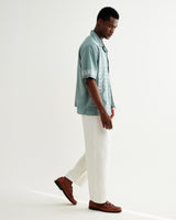 wax london men's Didcot - Sea Green And Ecru Embroidered Short-Sleeve Shirt