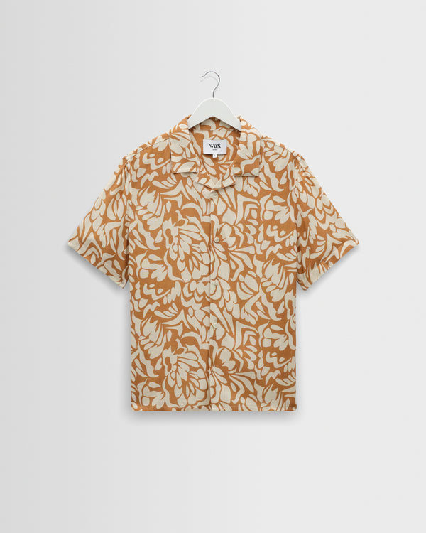wax london men's Didcot - Tan And Beige Floral Viscose Short-Sleeve Shirt