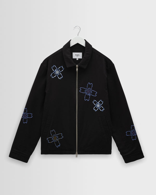 wax london men's Eldon - Black Floral Embroidered Cotton Twill Jacket